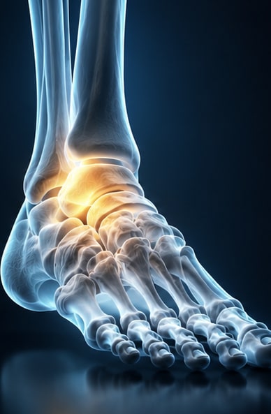 X-ray view of the foot and ankle with the midfoot highlighted in amber.