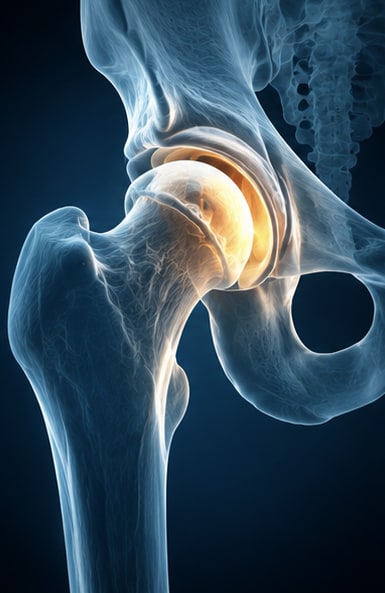 X-ray view of the hip joint with the ball and socket highlighted in amber.
