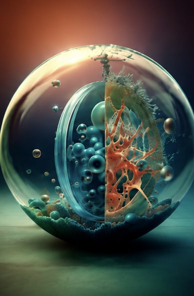 Illustration of a cell cut away to show its internal structure.