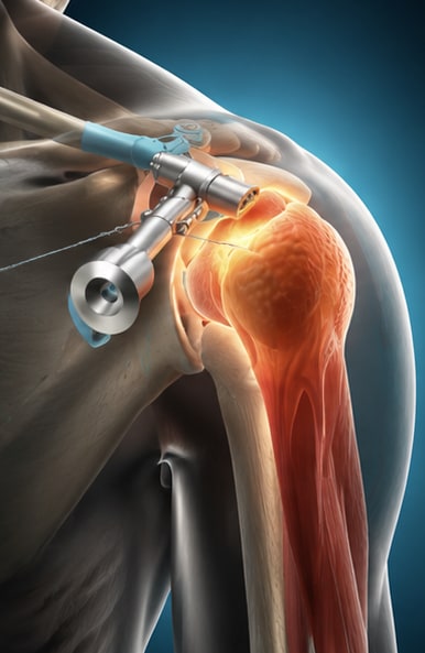 Arthroscopic instruments at the shoulder joint, the joint highlighted in orange.